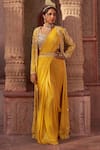 Buy_Nidhika Shekhar_Yellow Silk Embroidery Pearls Blouse Scoop Subh Bela Cape Saree Set _at_Aza_Fashions