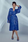 Buy_Style Junkiie_Blue Georgette Sequin And Mirror Work Surplice Neck Embroidered Kimono Dress_at_Aza_Fashions