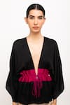 Buy_Neora By Nehal Chopra_Black Bemberg Modal Silk Solid Plunge V Ruched Asymmetrical Short Cape  _at_Aza_Fashions