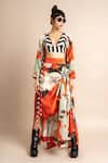 Buy_Nupur Kanoi_Orange Crepe Digital Print Striped And Floral Kimono Jacket & Skirt Set  _at_Aza_Fashions