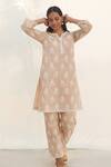 Buy_Mulmul_Beige 100% Pure Mulmul Embroidery Kelil Flower Kurta And Pant Set _at_Aza_Fashions