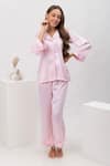 Buy_Dawn And Dusk_Pink Satin Collared Neck Rosette Feather Detailed Shirt And Pant Set  _at_Aza_Fashions