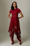 Buy_Escape By Aishwarya_Maroon Cotton Satin Embroidered Kantha Up And Down Handkerchief Dress With Belt _at_Aza_Fashions