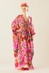 Buy_Rajdeep Ranawat_Coral Silk Printed V Neck Imama Front Embellished Kaftan  _at_Aza_Fashions