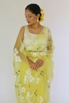 Buy_Meghstudio_Yellow Saree  Organza Hand Painted Dogwood Pearl Embroidered And  _at_Aza_Fashions