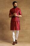 Buy_Raghavendra Rathore Jodhpur_Maroon Raw Silk Embroidered Geometric Pattern Bandhgala Waistcoat _at_Aza_Fashions