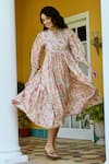 Buy_KARAJ JAIPUR_Cream Muslin Printed Floral Mandarin Collar Tiered Dress For Women_at_Aza_Fashions