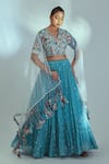 Buy_Suruchi Parakh_Blue Georgette Crepe Woven Floral Print V Neck Embroidered Tiered Lehenga Set _at_Aza_Fashions