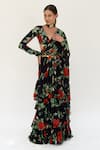 Buy_SANAM_Black Silk Chiffon Embroidered Rosamund Pre-stiched Ruffle Saree With Blouse_at_Aza_Fashions