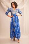 Buy_Jajaabor_Blue Georgette Embroidery Zari V Neck Anarkali And Pant Set _at_Aza_Fashions