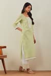 TIC_Green Cotton Embroidery Chikankari Round Rozana Kurta Palazzo Set _Online_at_Aza_Fashions