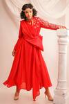 Buy_Jajaabor_Coral Silk Chanderi Deconstructed Angrakha And Pant Set_at_Aza_Fashions