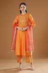 Buy_OMI_Orange Silk, Chanderi Embroidery, Sequins V-neck Hand Flare Kurta Set _at_Aza_Fashions