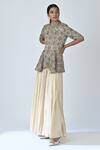 Buy_Sejal Kamdar_Beige Satin Crepe Printed And Hand Embroidered Ajrakh Peplum Jumpsuit  _at_Aza_Fashions