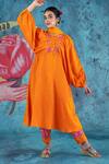 Buy Kacha Tanka Orange Cotton Satin Applique Floral Round Neck Balloon Sleeve Anarkali Set at Aza Fashions Buy_Kacha Tanka_Orange Cotton Satin Applique Floral Round Neck Balloon Sleeve Anarkali Set _at_Aza_Fashions