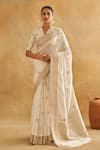 Buy_Taisha_White Saree Pattu Silk Woven Tree Of Life V Neck With Floral Pattern Blouse _at_Aza_Fashions