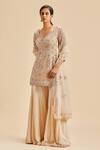 Buy_Nitika Gujral_Peach Kurta And Dupatta Net Embroidery Resham V Neck Floral Pattern Gharara Set _at_Aza_Fashions