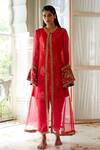 Buy Atelier Shikaarbagh Red Lurex, Organza, Satin Embroidery Round Neck, Kurta Overlay Set at Aza Fashions Buy_Atelier Shikaarbagh_Red Lurex, Organza, Satin Embroidery Round Neck, Kurta Overlay Set _at_Aza_Fashions