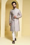 Buy_KUSTOMEYES_Silver Cotton Silk Embroidered Floral Thread Sherwani Set _at_Aza_Fashions
