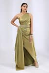 Buy_Neha Gursahani_Green Foil Georgette Asymmetric Pre Draped Saree Gown _at_Aza_Fashions