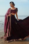 Buy_Monk & Mei_Wine Lehenga And Blouse Velvet Embroidered Sequin Sweetheart Neck Flared Set _at_Aza_Fashions