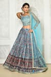 Buy_Samyukta Singhania_Blue Blouse Banglori Silk Print Floral Square Neck Pleated Lehenga Set _at_Aza_Fashions