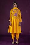 Buy Kacha Tanka Yellow Cotton Satin Applique Floral Round Neck Rose Kurta Set at Aza Fashions Buy_Kacha Tanka_Yellow Cotton Satin Applique Floral Round Neck Rose Kurta Set _at_Aza_Fashions
