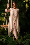 Buy_Pallavi Poddar_Pink Dupion Embroidery Thread And Pearls Round Ombre Peacock Cape & Dhoti Pant Set _at_Aza_Fashions