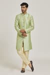 Buy_Adara Khan_Green Sherwani Banarasi Jacquard Floral Pattern Overlap And Metallic Pant Set_at_Aza_Fashions