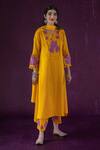 Buy Kacha Tanka Yellow Cotton Satin Applique Floral Round Neck Hand Embroidered Kurta Set at Aza Fashions Buy_Kacha Tanka_Yellow Cotton Satin Applique Floral Round Neck Hand Embroidered Kurta Set _at_Aza_Fashions