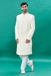 Buy_RNG Safawala_Off White Raw Silk Embroidery Thread Pearl Sherwani Set _at_Aza_Fashions