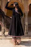 Buy_POMCHA JAIPUR_Black Anarkali And Pant Cotton & Dupatta Organza Print Floral Angrakha Set _at_Aza_Fashions