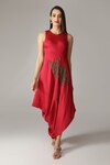 Buy_ANEEHKA_Red Viscose Cotton Satin Hand Embroidered Bead Work Cowl Draped Dress _at_Aza_Fashions