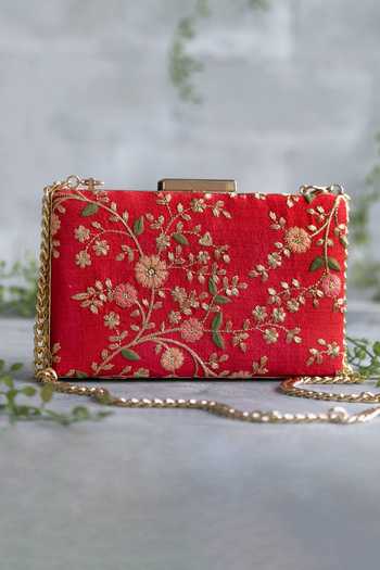 Buy_AMYRA_Red Zari, Sequins, Embroidery Floral Creeper Thread Work Box Clutch _at_Aza_Fashions