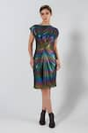 Buy_Cham Cham_Multi Color Stretch Knit Foil Solid Straight Metallic Holographic Draped Dress _at_Aza_Fashions