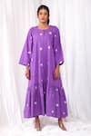 Buy_KHAT_Purple Poplin Cotton Embroidered Flowers Round Tiered Dress _at_Aza_Fashions