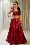 Buy Archana Kochhar Red Georgette, Net Crystals, Sequins Floral Pattern Lehenga And Draped Blouse Set at Aza Fashions Buy_Archana Kochhar_Red Georgette, Net Crystals, Sequins Floral Pattern Lehenga And Draped Blouse Set _at_Aza_Fashions
