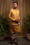 Buy_Darshika Menswear_Yellow Satin Linen Embroidery Thread Floral Pattern Bundi And Kurta Set_at_Aza_Fashions