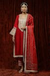 Buy Shikhar Sharma Red Silk Chanderi Embroidered Pearl Leaf Neck Kurta Pant Set at Aza Fashions Buy_Shikhar Sharma_Red Silk Chanderi Embroidered Pearl Leaf Neck Kurta Pant Set _at_Aza_Fashions