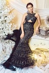 Buy_Varun Chakkilam_Black Silk Organza Embroidered Glass Beads V Neck Gown  _at_Aza_Fashions