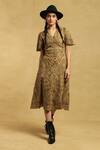 Buy_Ritu Kumar_Green Cotton Cambric Cutwork V Neck Fit And Flare Midi Dress _at_Aza_Fashions