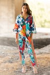 Buy_Pooja-Keyur_Blue Cotton Satin Print Paradise Floral Spread Balloon Sleeve Shirt With Pant _at_Aza_Fashions