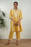 Buy_OMI_Yellow Cotton Embroidered V Neck Straight Kurta And Pant Set _at_Aza_Fashions