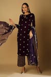 Buy_Monk & Mei_Purple Velvet Embroidery Zari Keyhole Ruhani Kurta Palazzo Set _at_Aza_Fashions