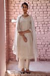 Buy_KARAJ JAIPUR_Ivory Kurta- Chanderi Embroidered Chikankari Notched Thread Set _at_Aza_Fashions