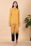 Buy Chambray & CO. Yellow Silk Beads Split V-neck Carol Shirt And Ombre Pant Set at Aza Fashions Buy_Chambray & CO._Yellow Silk Beads Split V-neck Carol Shirt And Ombre Pant Set _at_Aza_Fashions