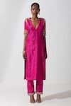 Buy_Rishi and Vibhuti_Pink Silk Embroidery Zardozi And Sequin V Neck Acrine Kurta & Pant Set _at_Aza_Fashions