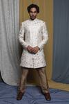 Buy_Krishna Mehta_White Cotton, Viscose Embroidery Floral Sherwani And Pant Set _at_Aza_Fashions