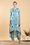 Buy_Divi By Sonal Khandelwal_Sky Blue Modal, Satin Embroidery Mandarin Nelumbo Printed Tunic And Pant Set _at_Aza_Fashions