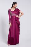 Buy_Suruchi Parakh_Wine Crepe Embroidery, Sequins Asymmetric Draped Jacket Ruffle Saree Set_at_Aza_Fashions